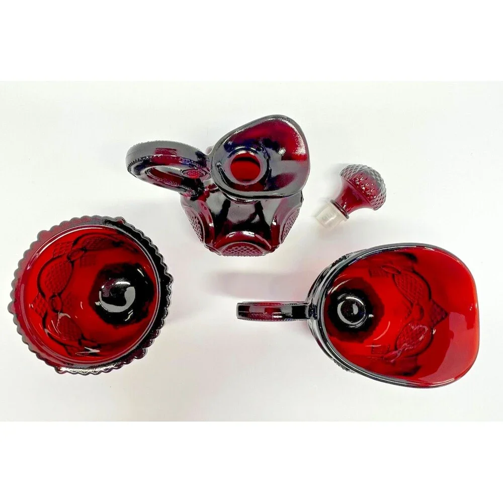 Vintage Avon 1876 Cape Cod Ruby Red Cruet w/ Stopper + Creamer & Sugar Set-EXCL